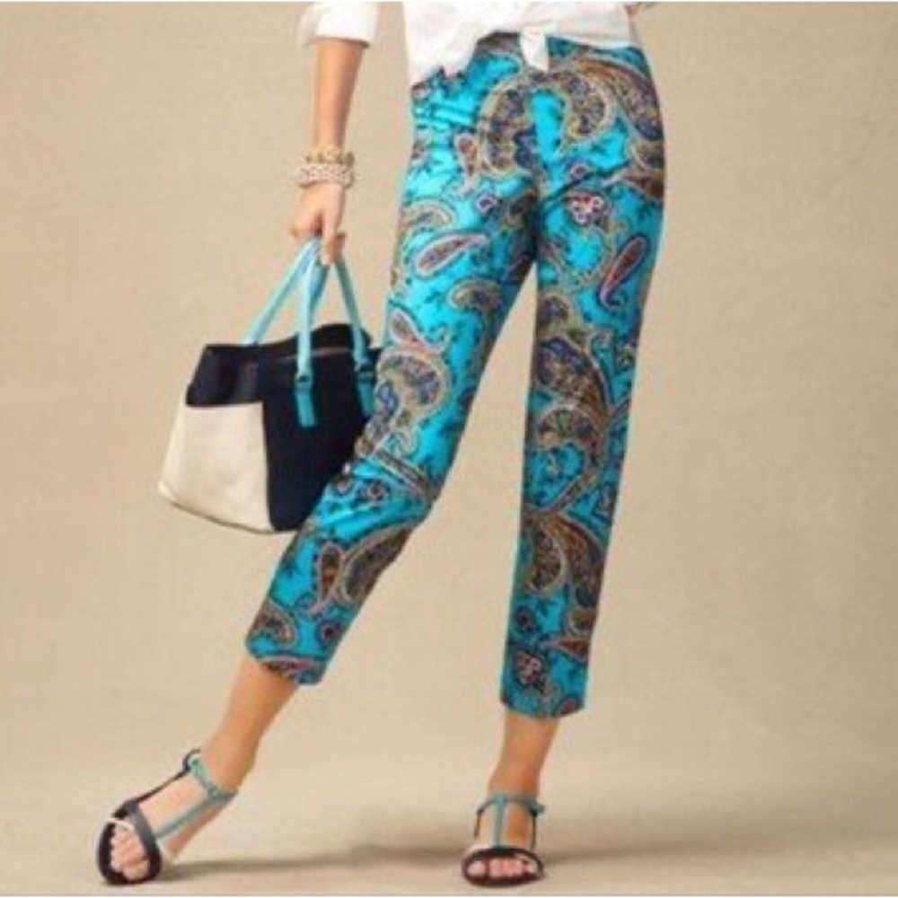 Talbots Women 6 Turquoise Paisley Cotton Straight Leg Crop Ankle Signature Pants